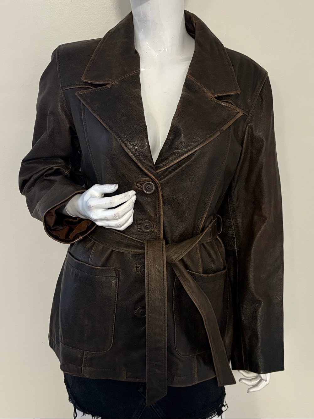 Vintage Wilson’s Leather Dark Brown Distressed Look Leather Belted Jacket